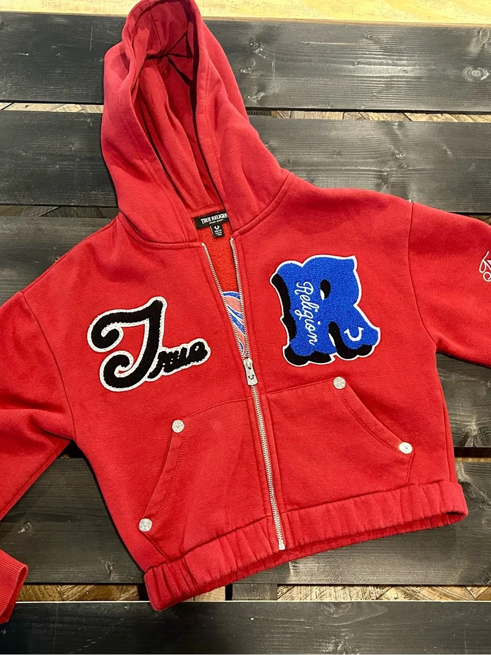 True Religion Crystal Patch Varsity Hoodie - Red Dahlia Cropped Zip Up XS